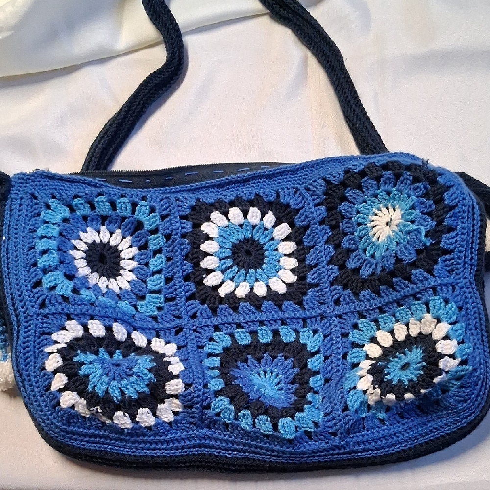 Handcrafted Blue Crochet Shoulder Bag, Blue, White, Black ,Navy
